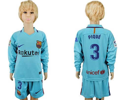 Barcelona #3 Pique Away Long Sleeves Kid Soccer Club Jersey - Click Image to Close